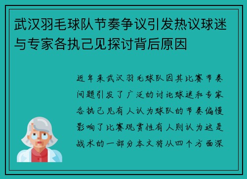 武汉羽毛球队节奏争议引发热议球迷与专家各执己见探讨背后原因